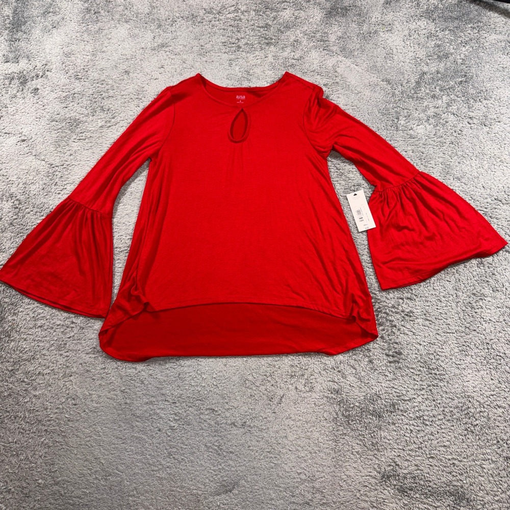 ANA Women Bell Sleeve Keyhole Top Size S Cabaret Red High Low Stretch Knit NWT